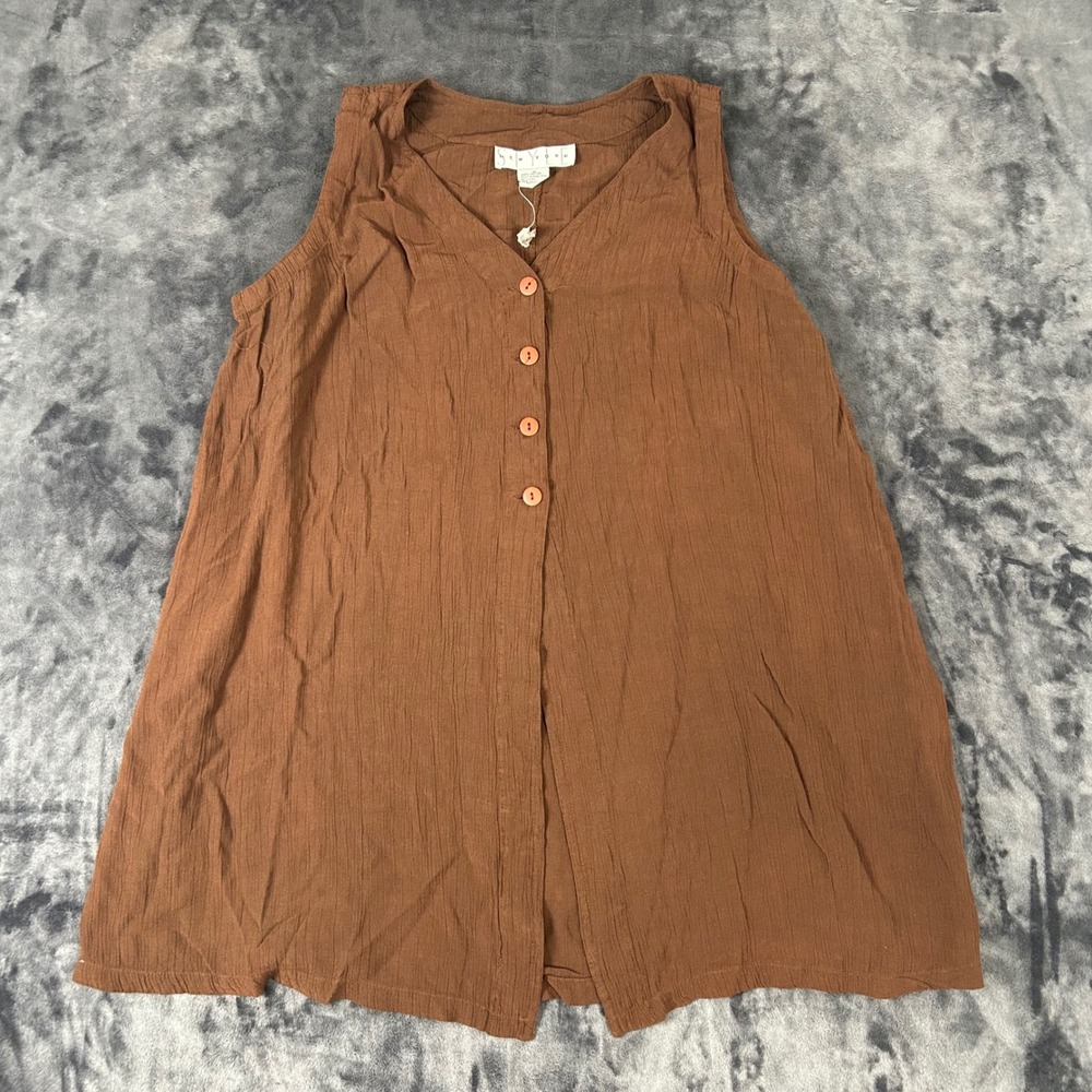 Style New York Sleeveless Button Front Top Womens M Brown Crinkle Rayon V-Neck